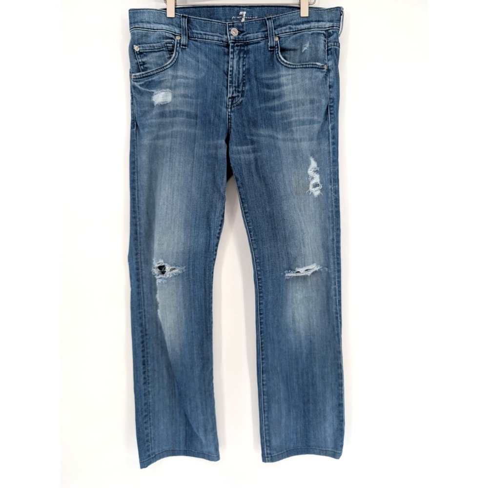 7 for all Mankind Mens Carsen Straight Leg Mid Rise Distressed Medium Wash‎ Jean